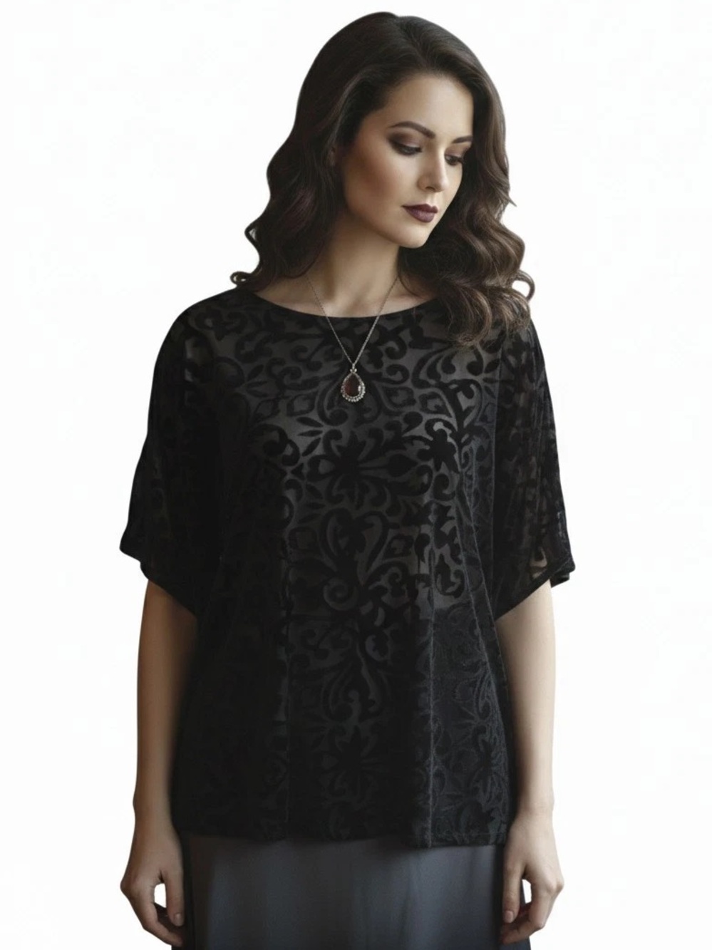 DANA BUCHMAN Black Velvet textured Poncho XL Chic Blouse